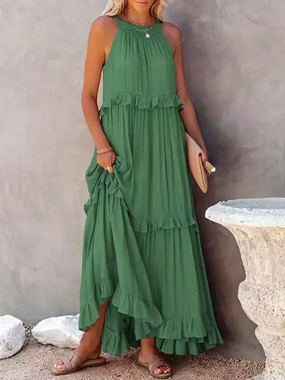 VIVIANA – HALTER RUFFLE TRIM MIDI DRESS