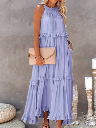 VIVIANA – HALTER RUFFLE TRIM MIDI DRESS