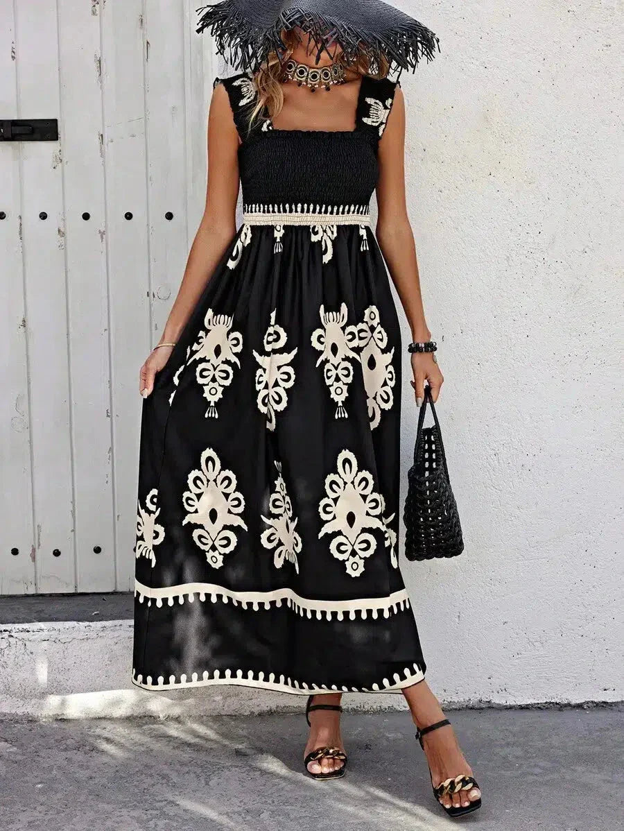 LUCIENNE | CHIC SQUARE NECK SLEEVELESS MIDI DRESS