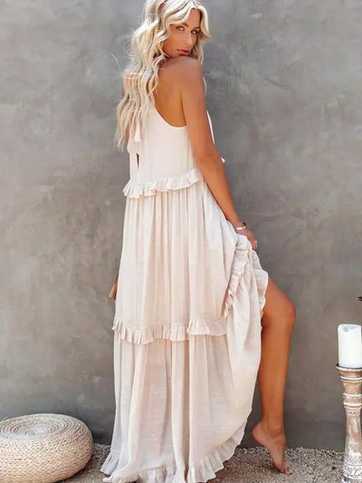 VIVIANA – HALTER RUFFLE TRIM MIDI DRESS