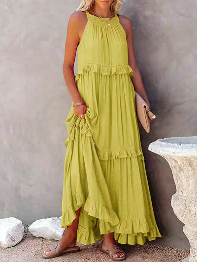 VIVIANA – HALTER RUFFLE TRIM MIDI DRESS