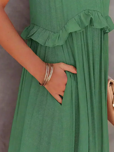 VIVIANA – HALTER RUFFLE TRIM MIDI DRESS