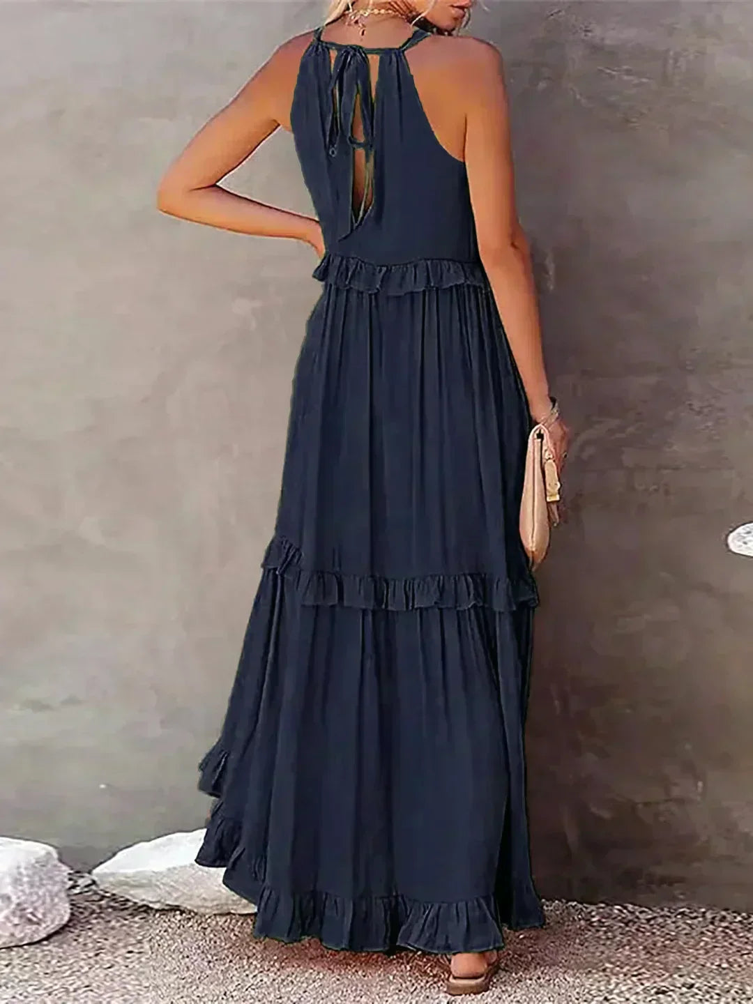 VIVIANA – HALTER RUFFLE TRIM MIDI DRESS