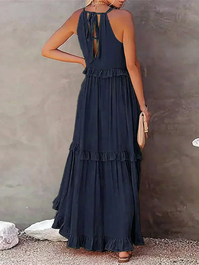 VIVIANA – HALTER RUFFLE TRIM MIDI DRESS