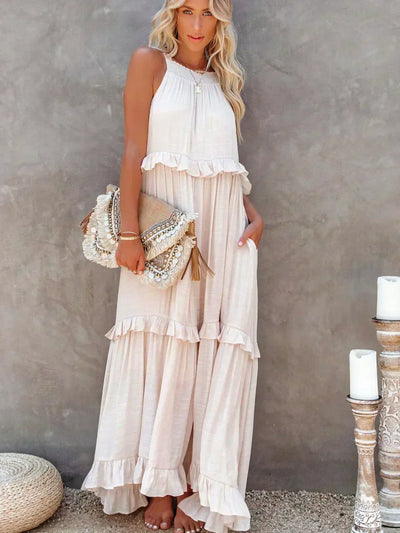 VIVIANA – HALTER RUFFLE TRIM MIDI DRESS