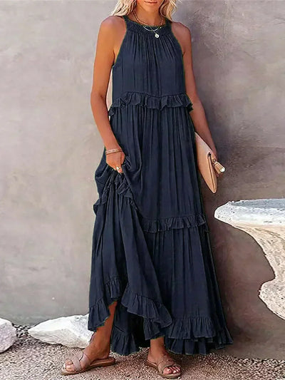 VIVIANA – HALTER RUFFLE TRIM MIDI DRESS