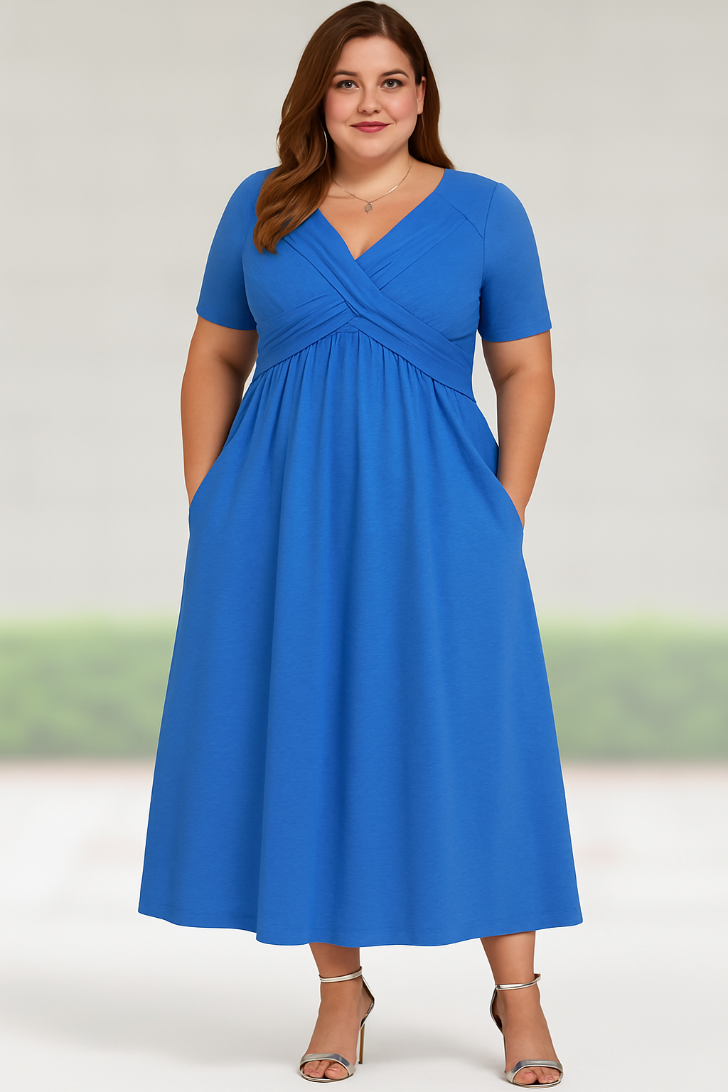 Rosalie - Tummy-Friendly Pleated V-Neck Midi Dress