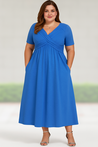 Rosalie - Tummy-Friendly Pleated V-Neck Midi Dress