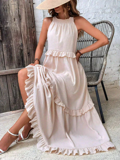 VIVIANA – HALTER RUFFLE TRIM MIDI DRESS