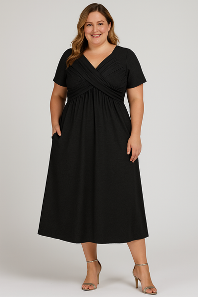 Rosalie - Tummy-Friendly Pleated V-Neck Midi Dress