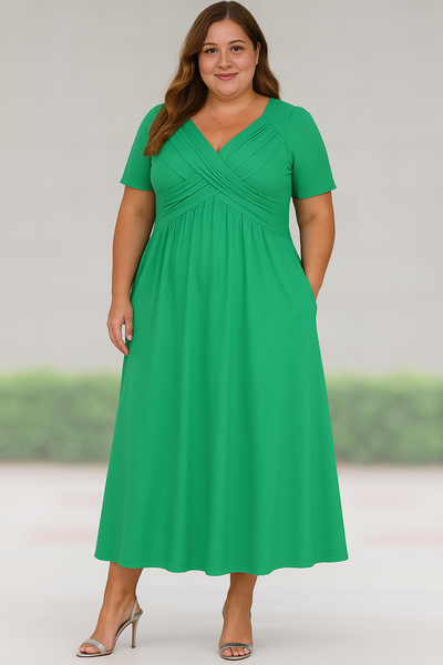 Rosalie - Tummy-Friendly Pleated V-Neck Midi Dress