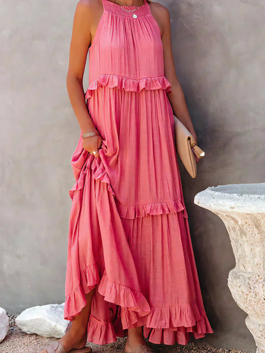 VIVIANA – HALTER RUFFLE TRIM MIDI DRESS