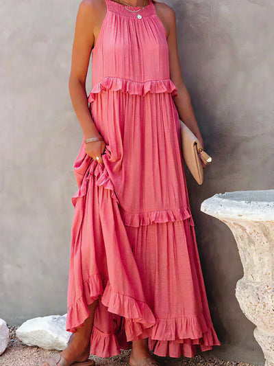 VIVIANA – HALTER RUFFLE TRIM MIDI DRESS