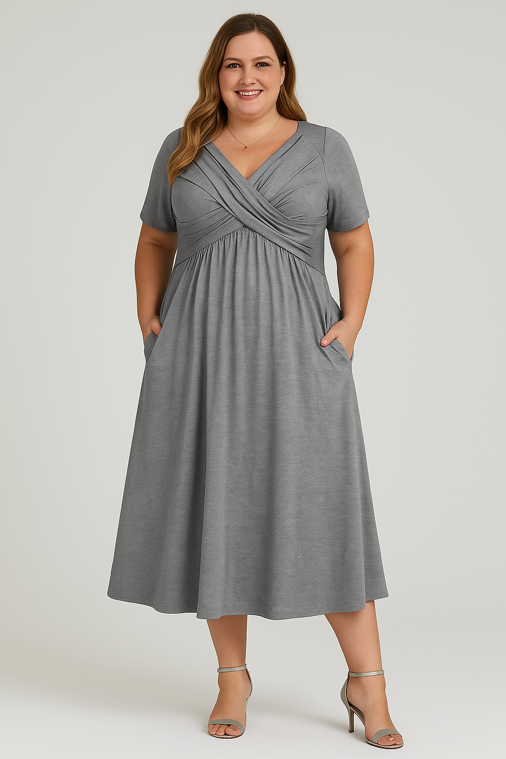 Rosalie - Tummy-Friendly Pleated V-Neck Midi Dress