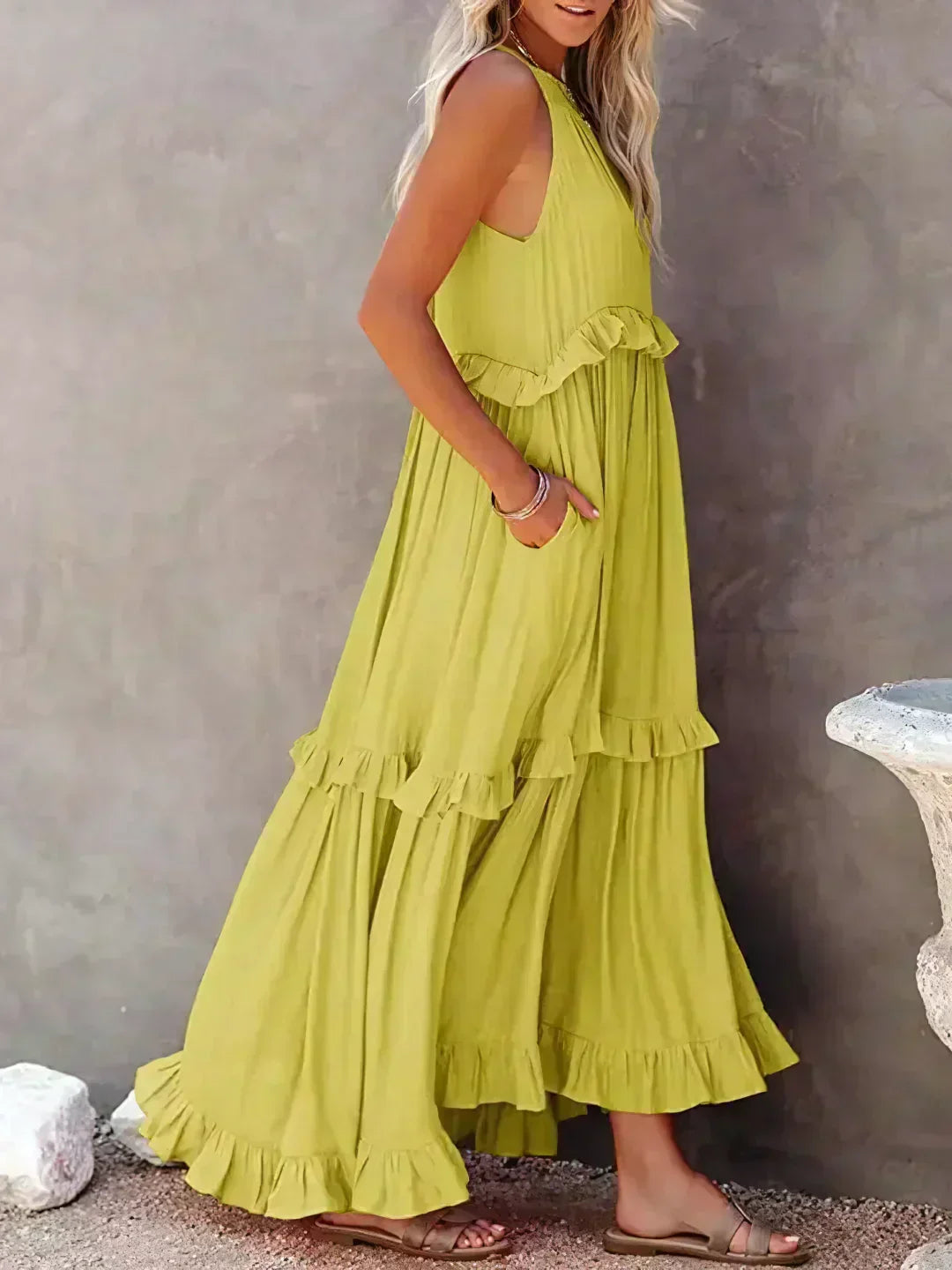 VIVIANA – HALTER RUFFLE TRIM MIDI DRESS