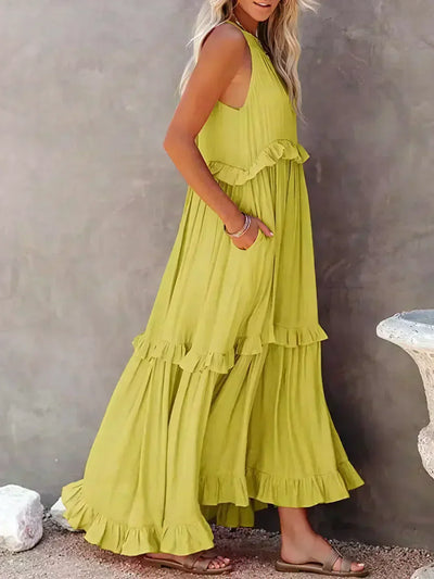 VIVIANA – HALTER RUFFLE TRIM MIDI DRESS