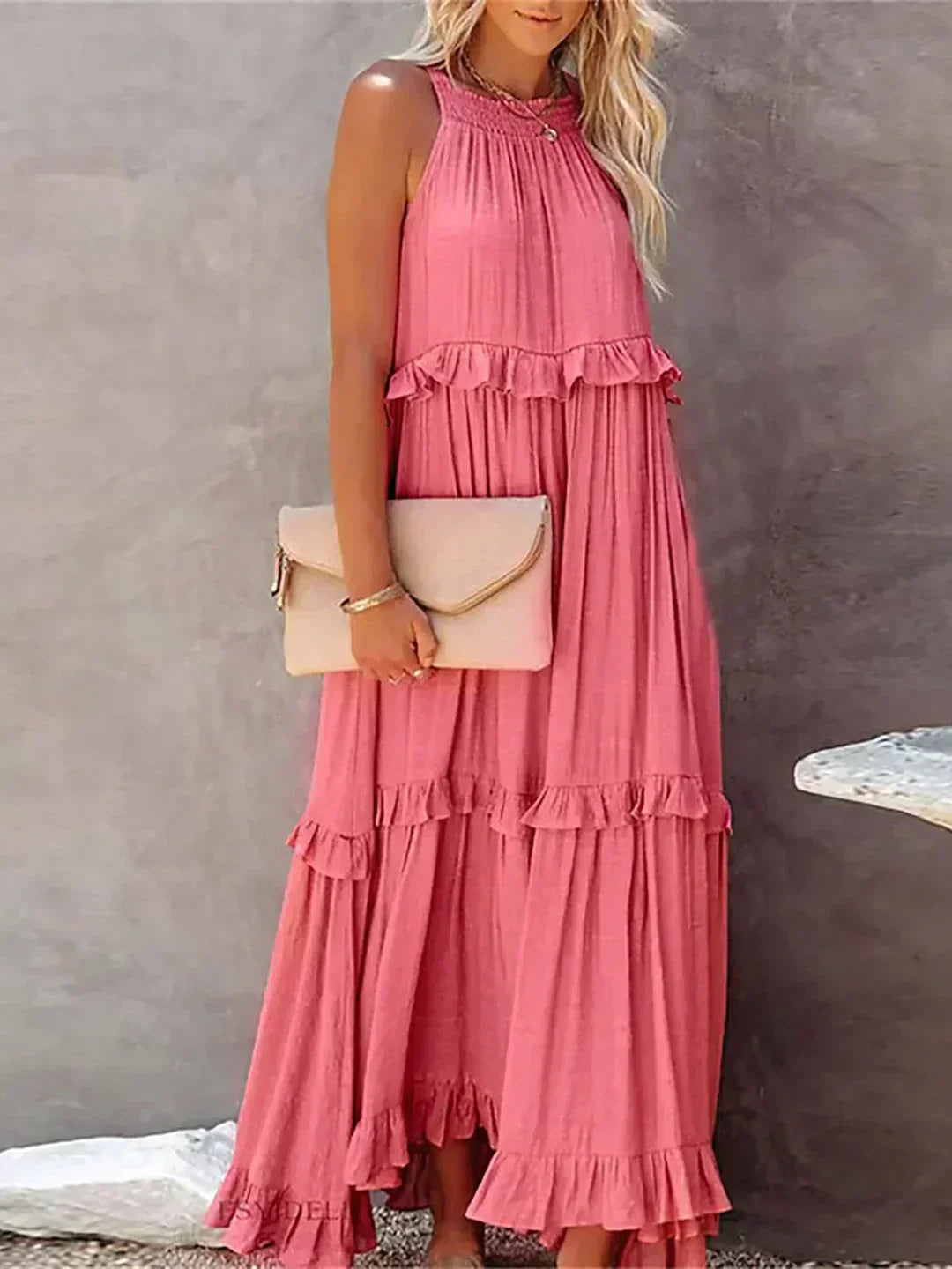 VIVIANA – HALTER RUFFLE TRIM MIDI DRESS