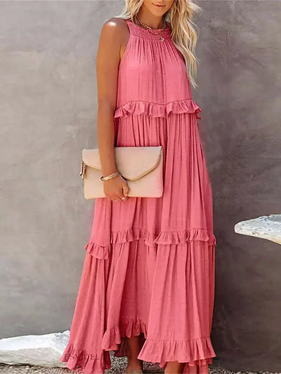 VIVIANA – HALTER RUFFLE TRIM MIDI DRESS