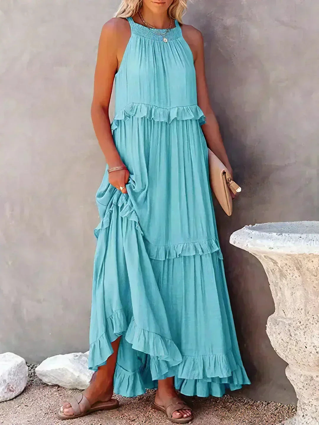 VIVIANA – HALTER RUFFLE TRIM MIDI DRESS