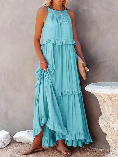 VIVIANA – HALTER RUFFLE TRIM MIDI DRESS