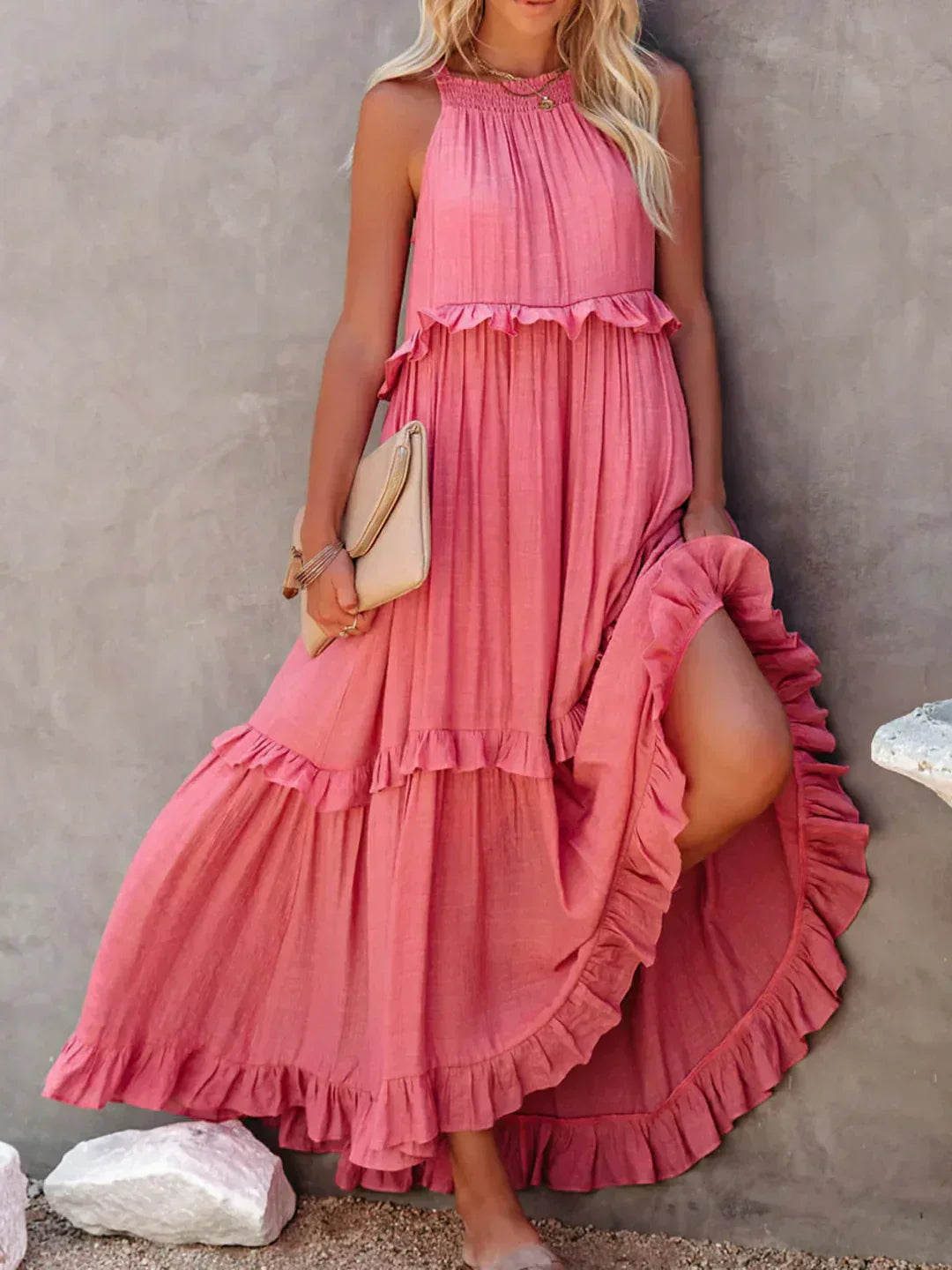 VIVIANA – HALTER RUFFLE TRIM MIDI DRESS