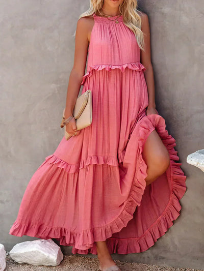 VIVIANA – HALTER RUFFLE TRIM MIDI DRESS