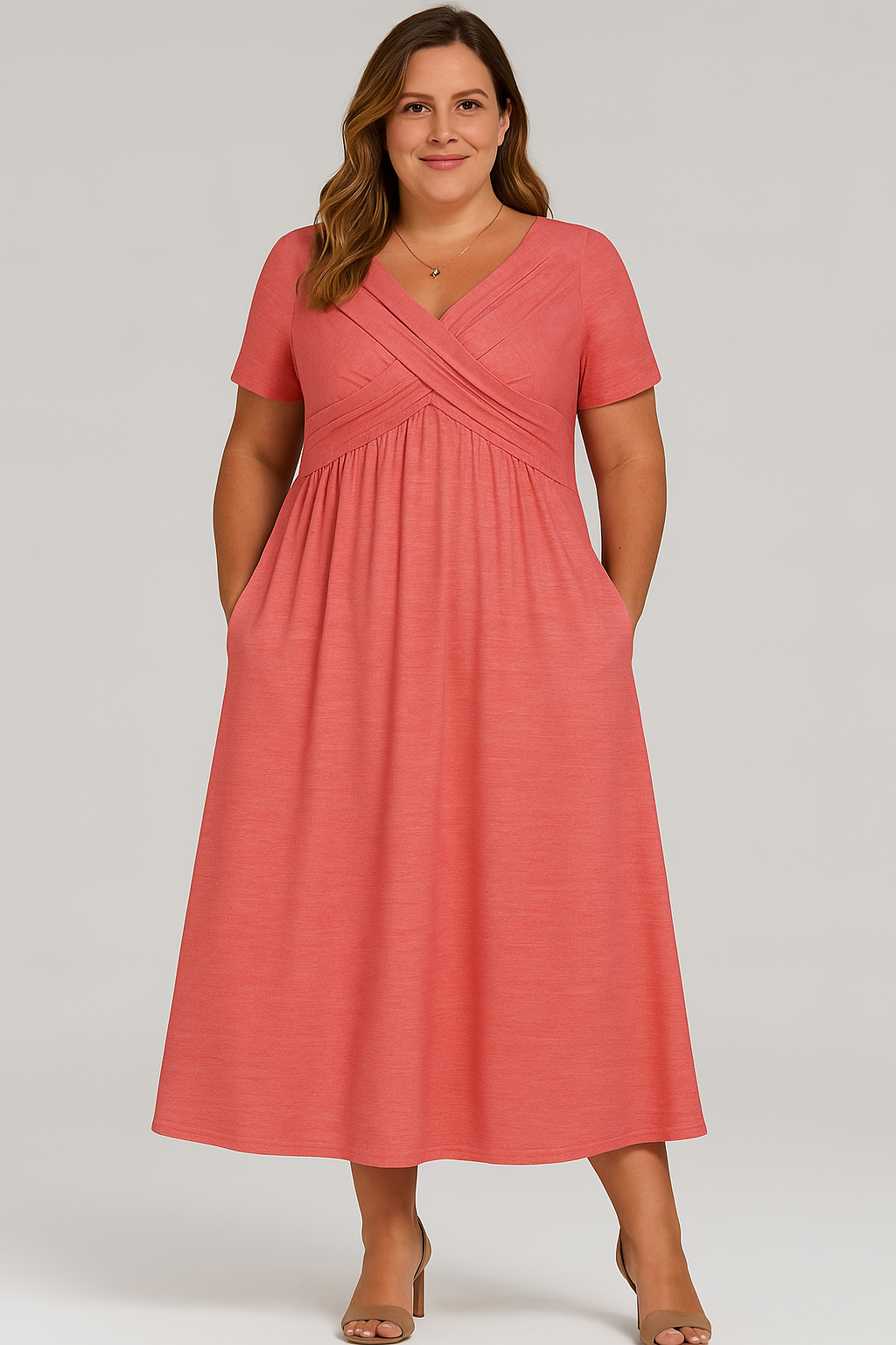 Rosalie - Tummy-Friendly Pleated V-Neck Midi Dress