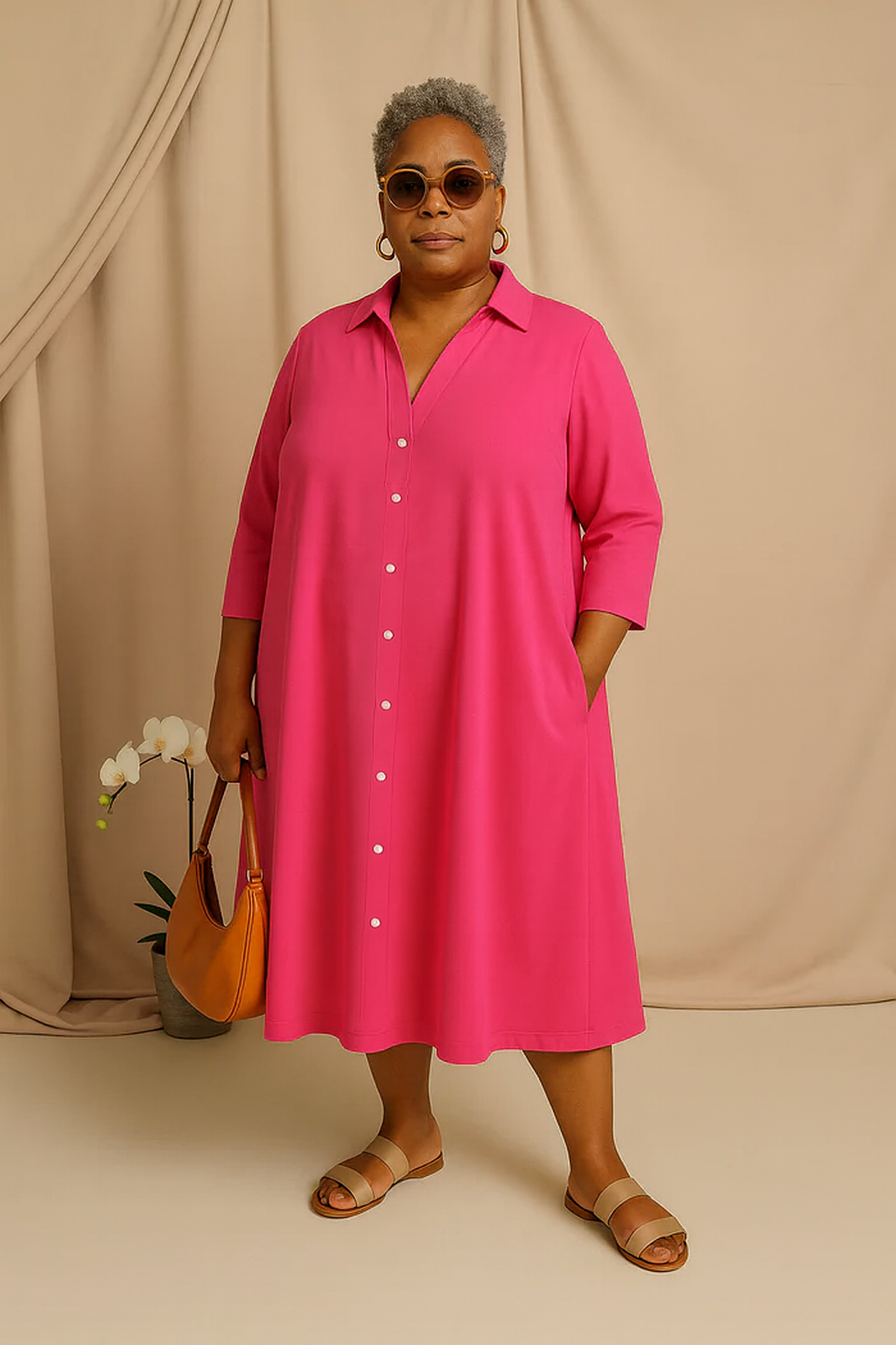 Vernah - Tummy-Friendly Hot Pink Shirt Dress