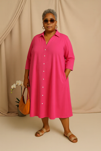 Vernah - Tummy-Friendly Hot Pink Shirt Dress