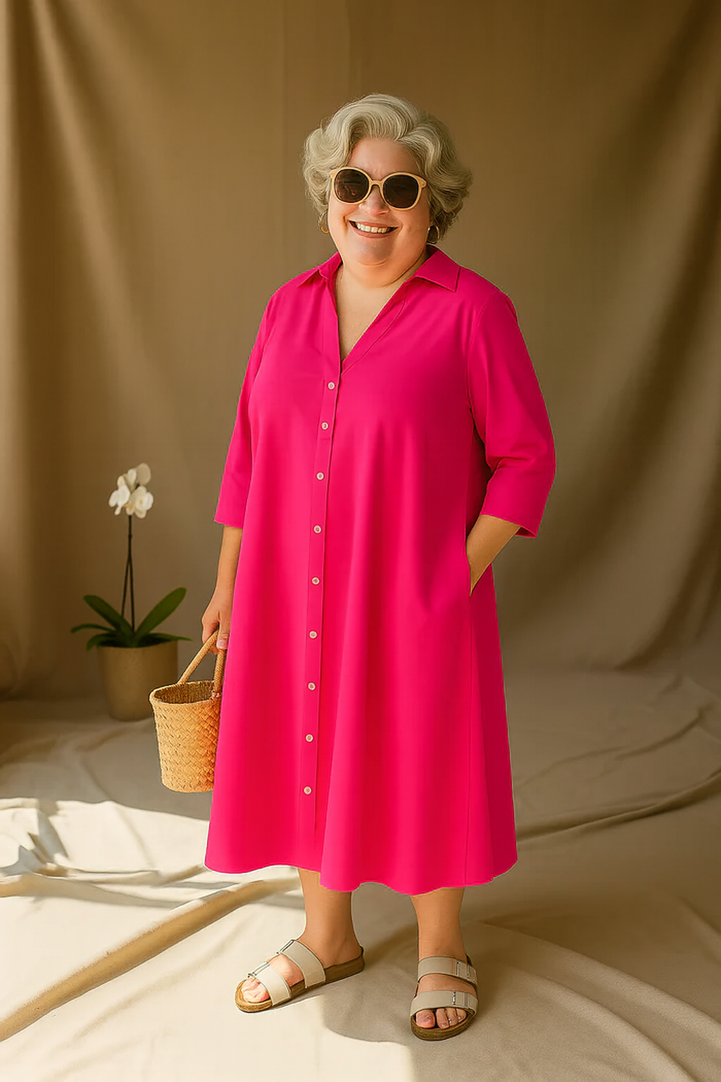 Vernah - Tummy-Friendly Hot Pink Shirt Dress