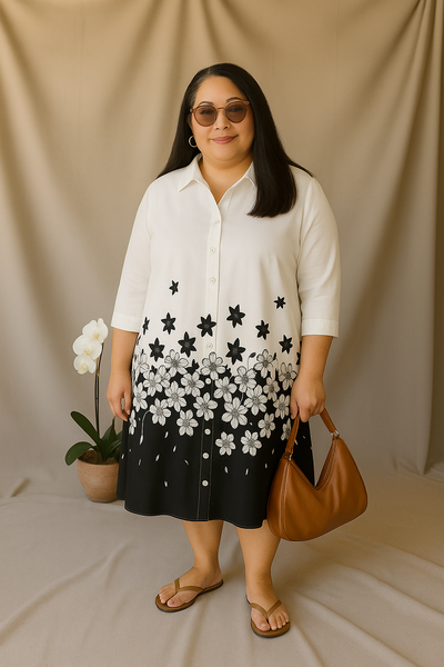 Kristel - Tummy-Friendly Black & White Shirt Dress