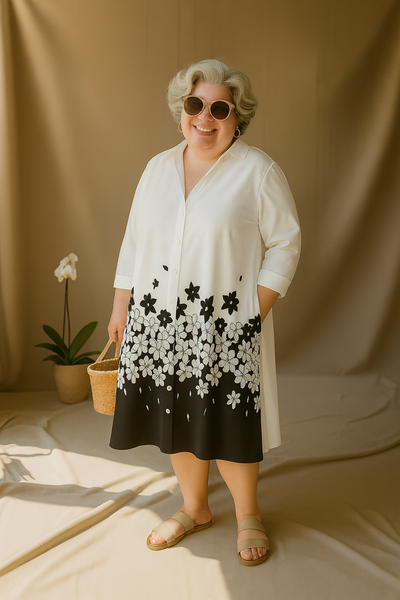 Kristel - Tummy-Friendly Black & White Shirt Dress