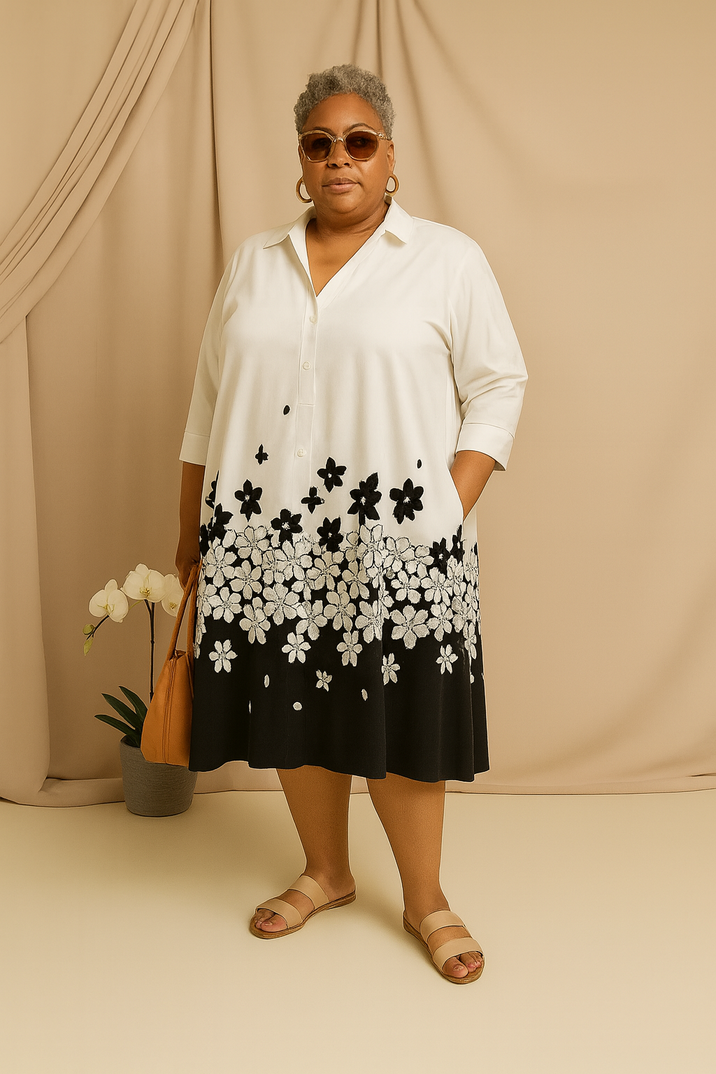 Kristel - Tummy-Friendly Black & White Shirt Dress