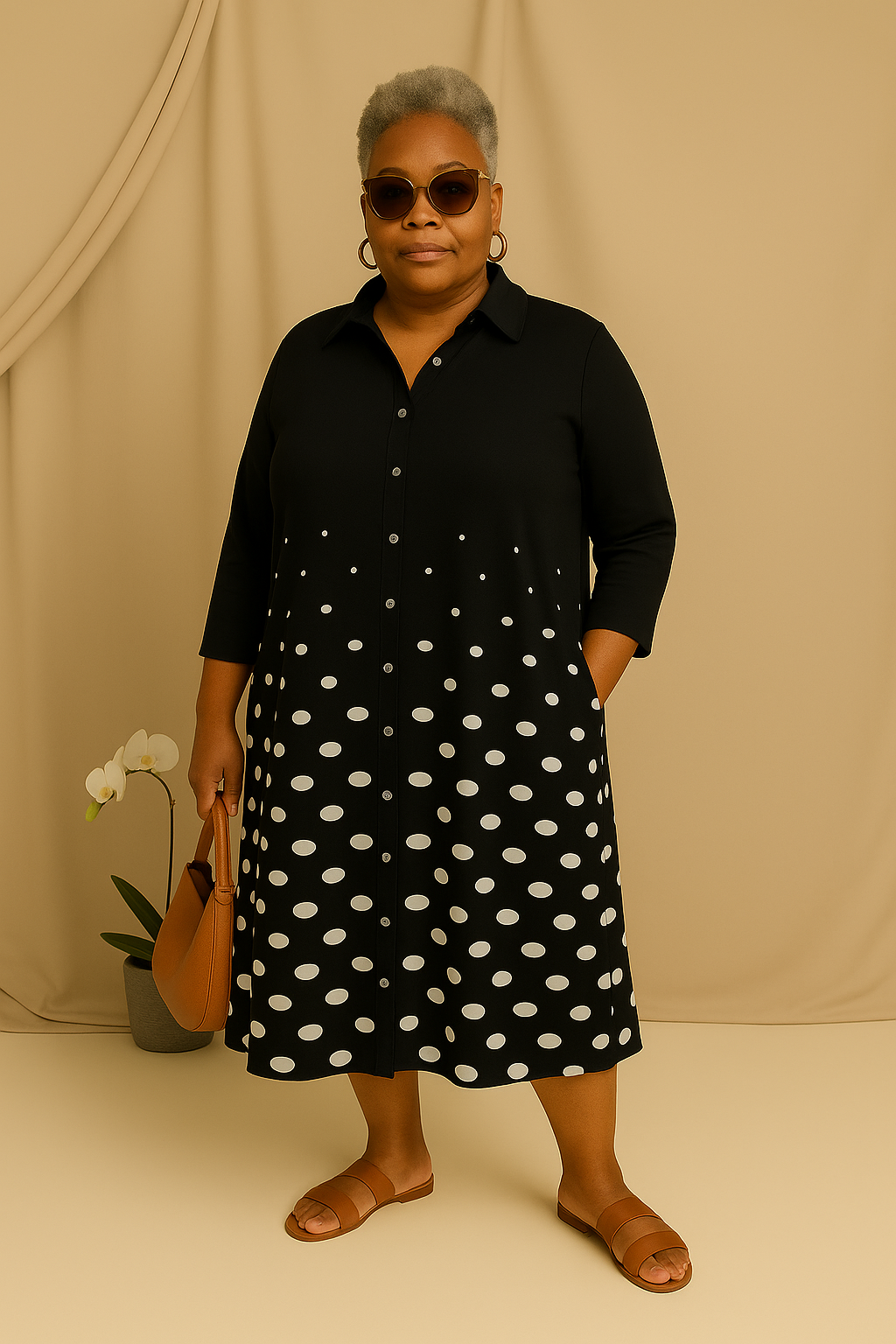 Monra - Tummy-Friendly Black Polka Dot Shirt Dress
