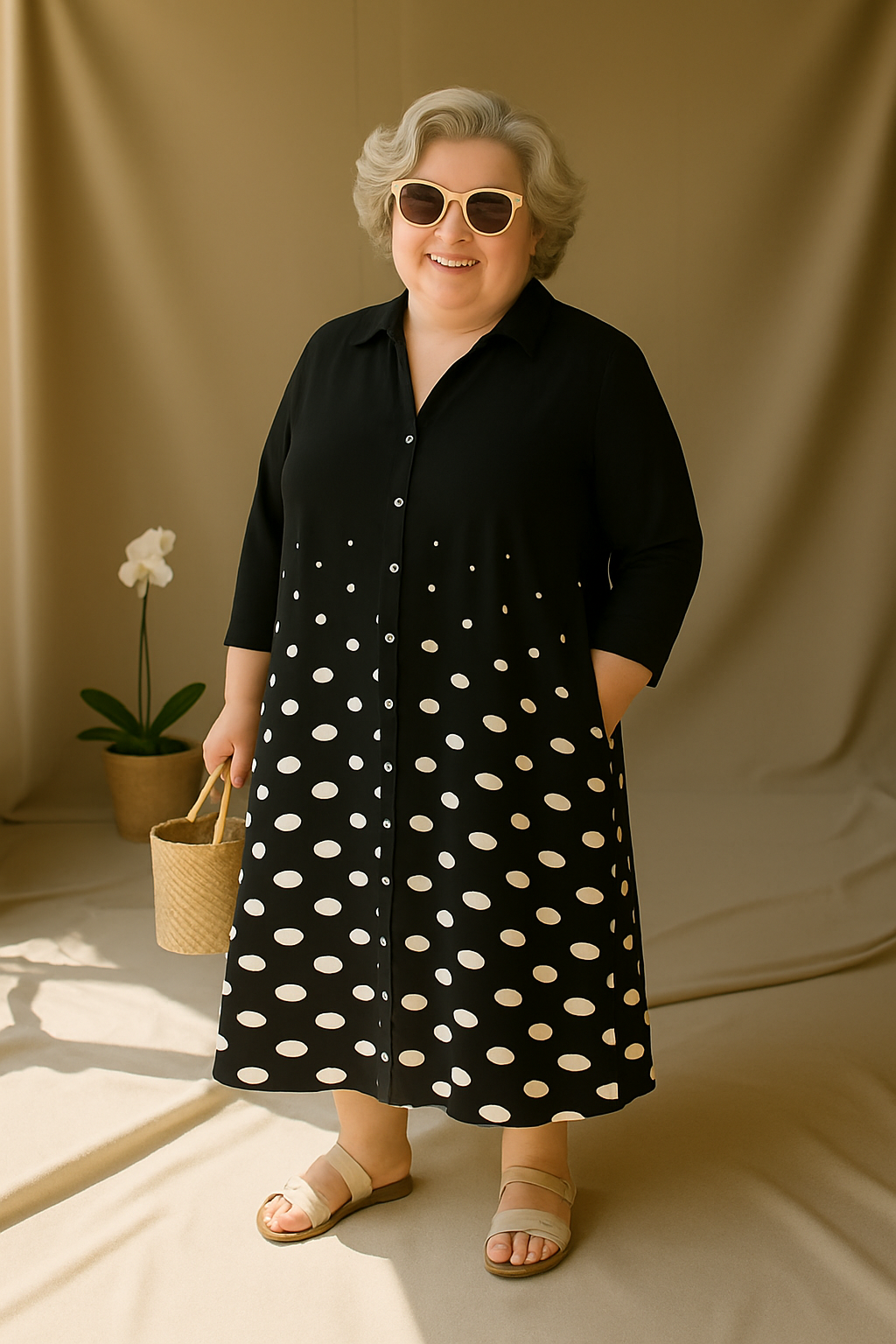 Monra - Tummy-Friendly Black Polka Dot Shirt Dress