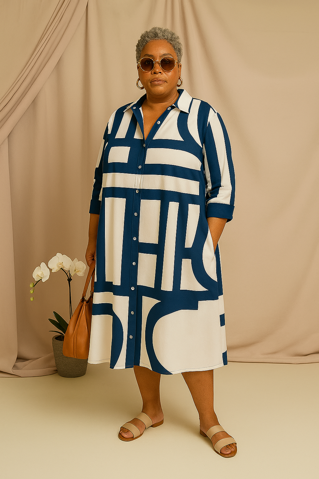 Sarah - Tummy-Friendly Navy Geometric Shirt Dress