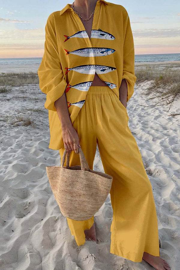 Printed linen set with yellow sardines