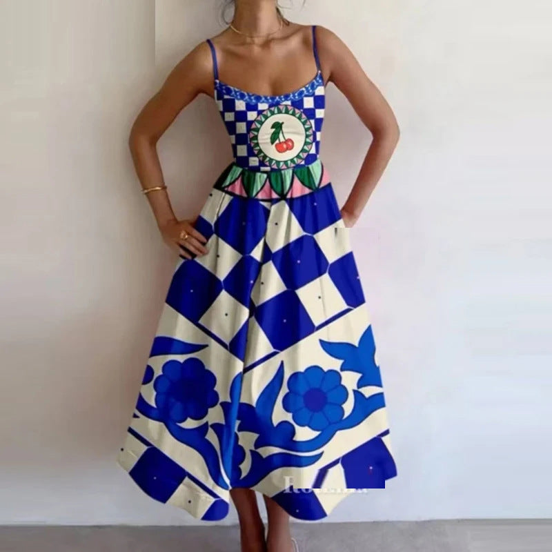 Blue Diamond Print Strap Dress