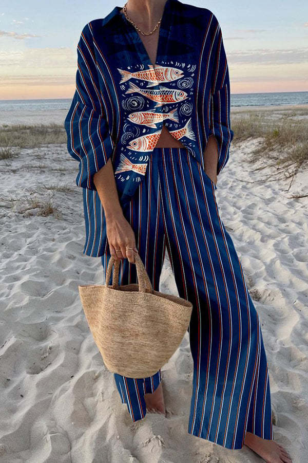 Blue Koi Print Linen Set