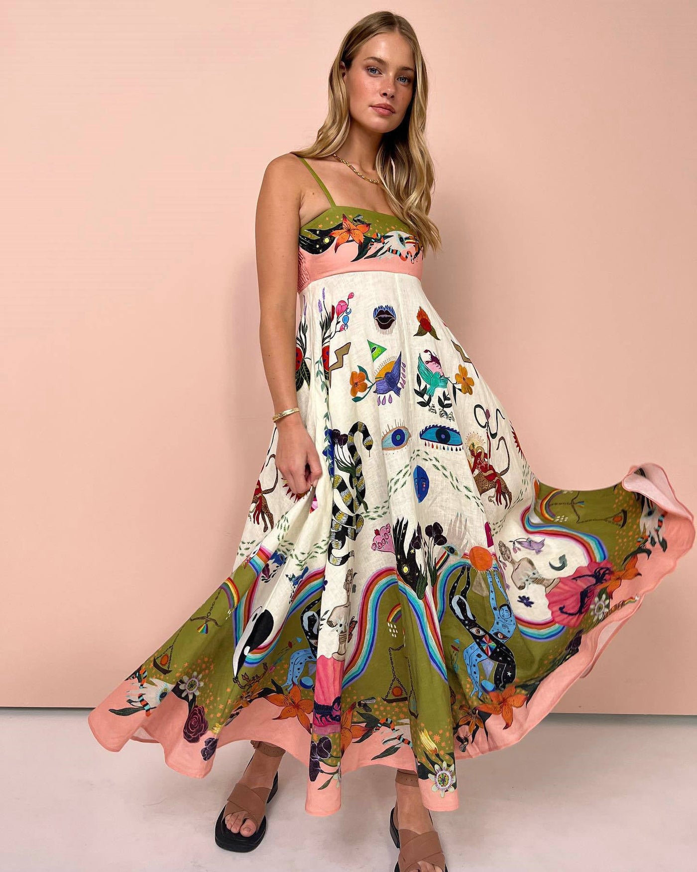 Rainbow Print Strappy Dress
