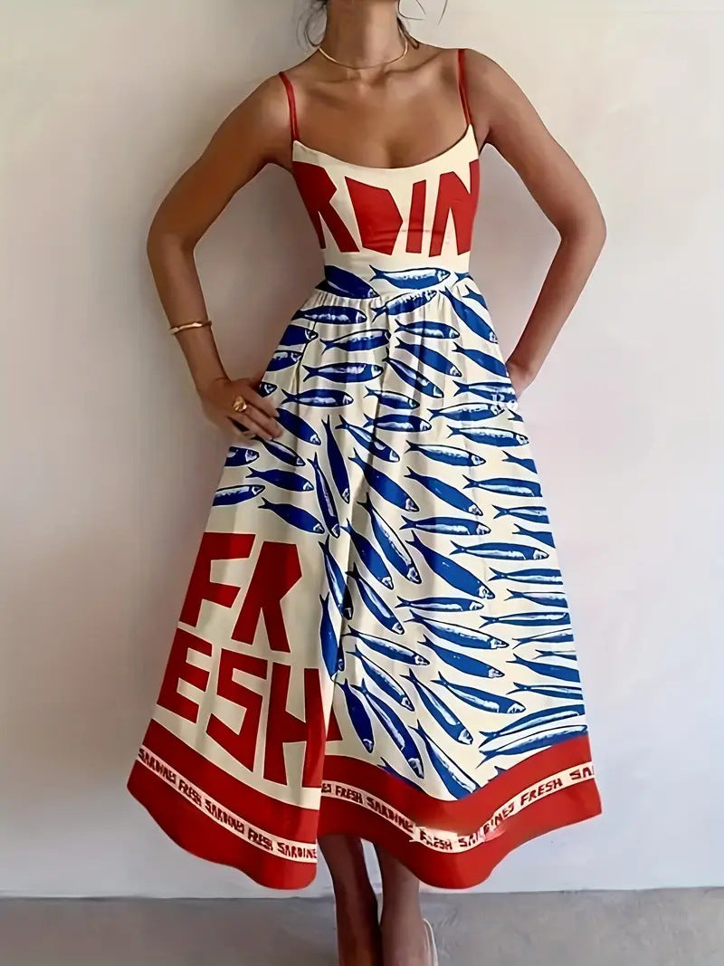 Red and Blue Printed Strap Dress