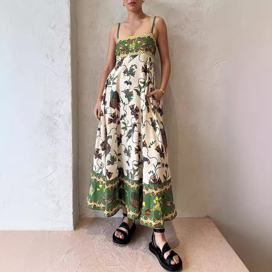 Floral and Bird Print Strappy Dress