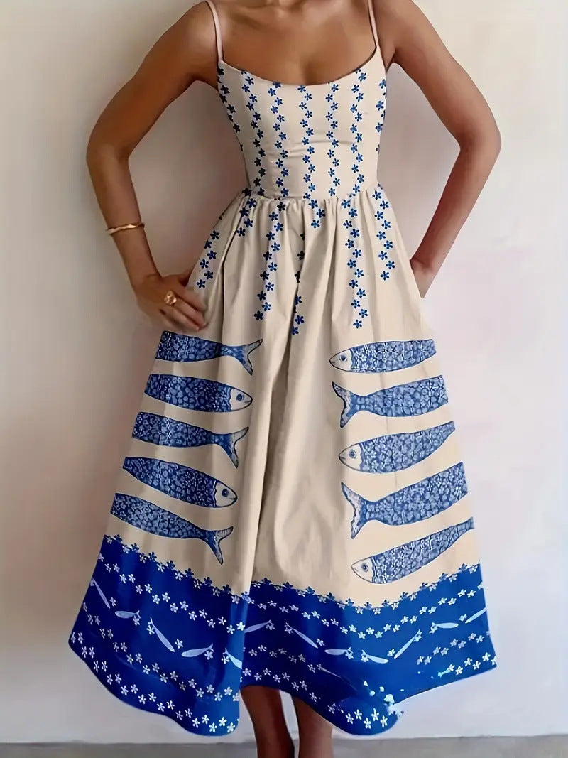 Blue Sardine Print Strap Dress