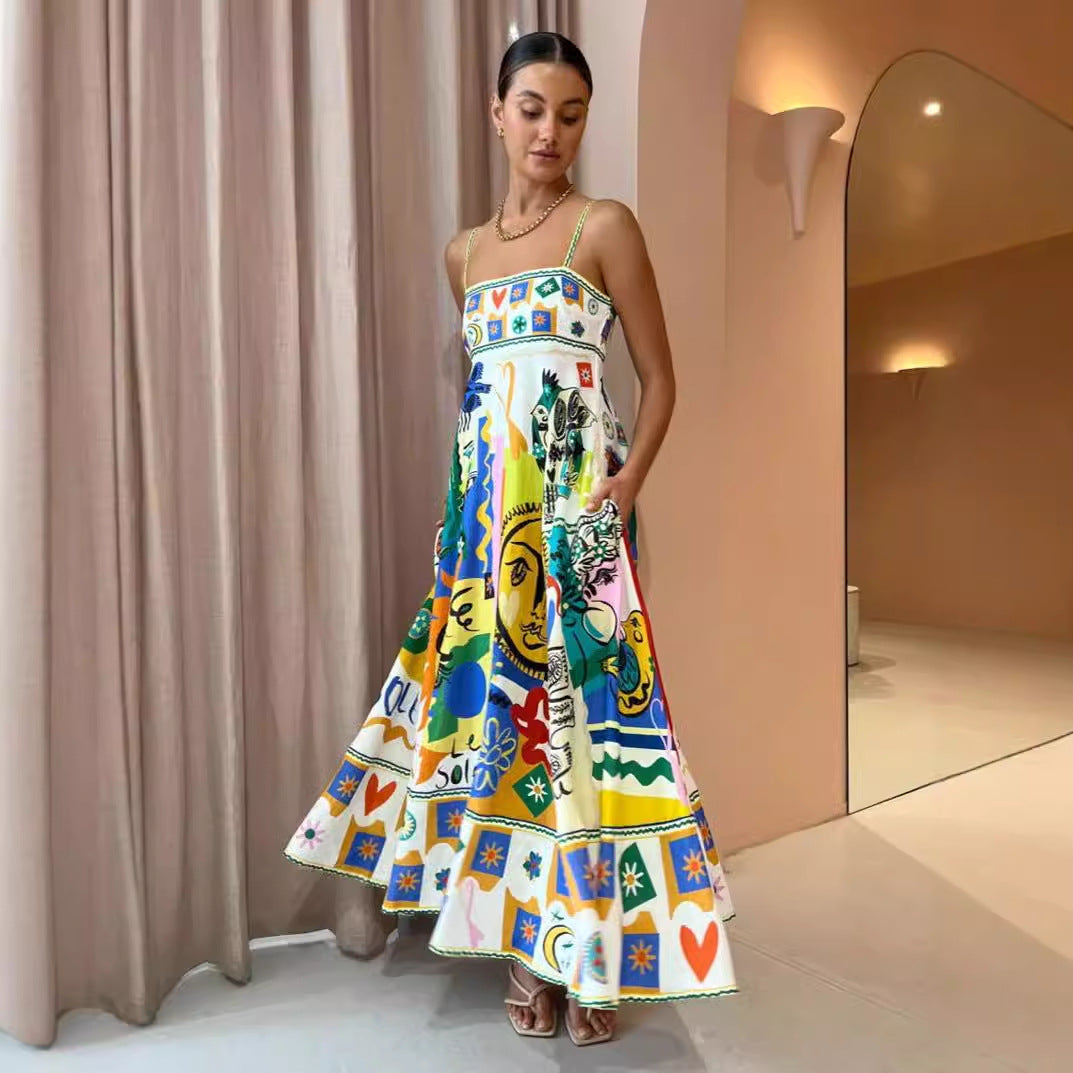 Printed Sun and Moon Strap Dress