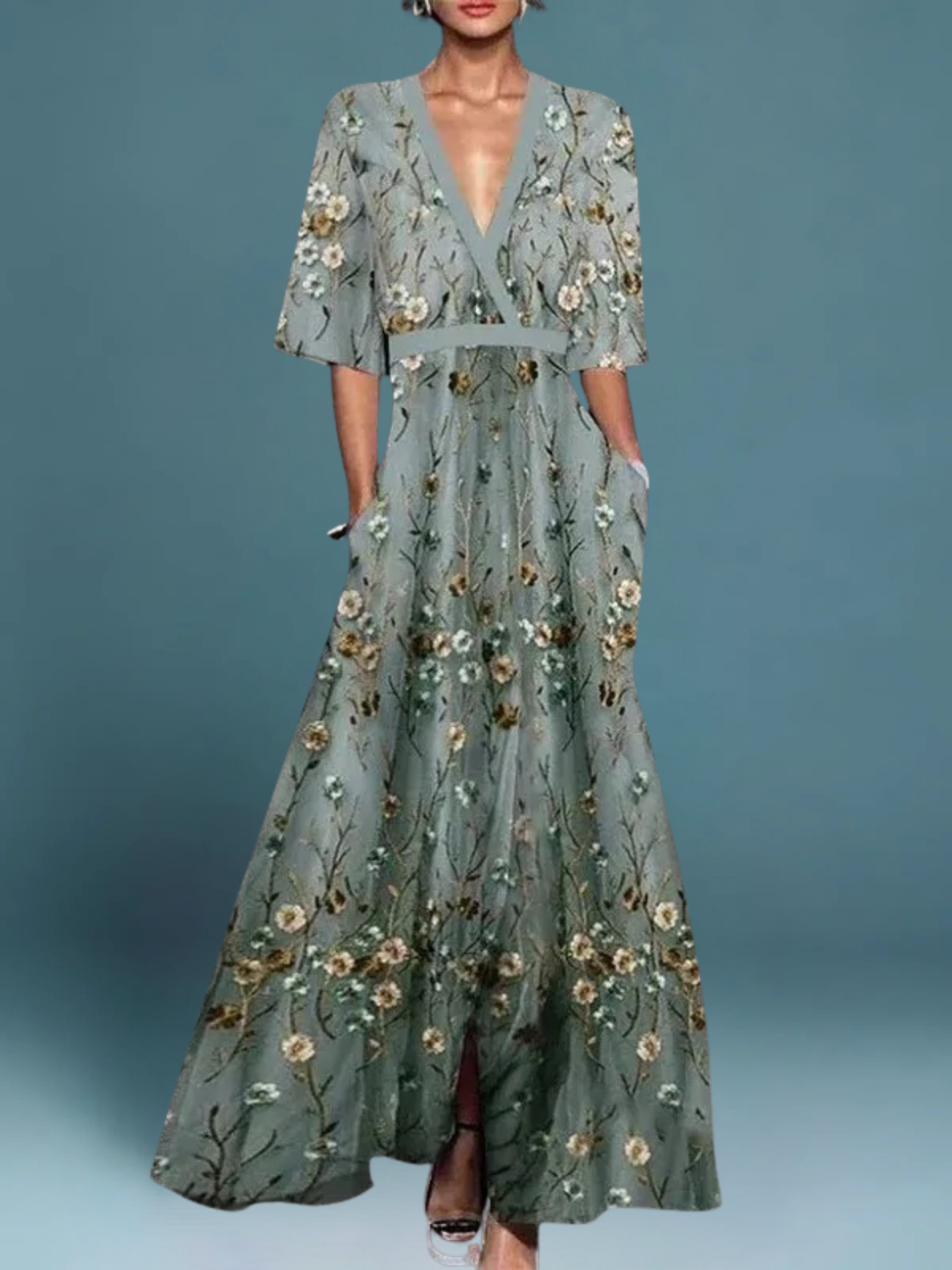 SOLENNE – ELEGANT FLORAL V-NECK BELTED BOHO DRESS