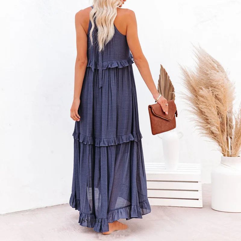 VIVIANA – HALTER RUFFLE TRIM MIDI DRESS