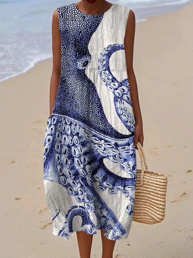 Vintage Octopus Art Print Sleeveless Wrap Dress with Pockets for Women