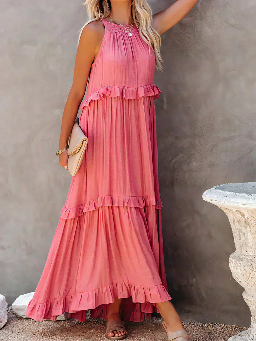 VIVIANA – HALTER RUFFLE TRIM MIDI DRESS