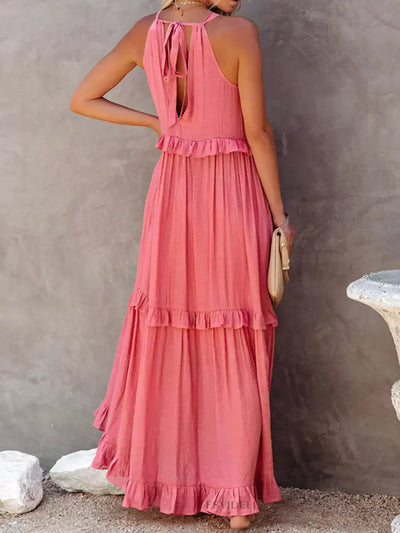VIVIANA – HALTER RUFFLE TRIM MIDI DRESS
