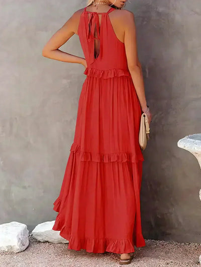 VIVIANA – HALTER RUFFLE TRIM MIDI DRESS